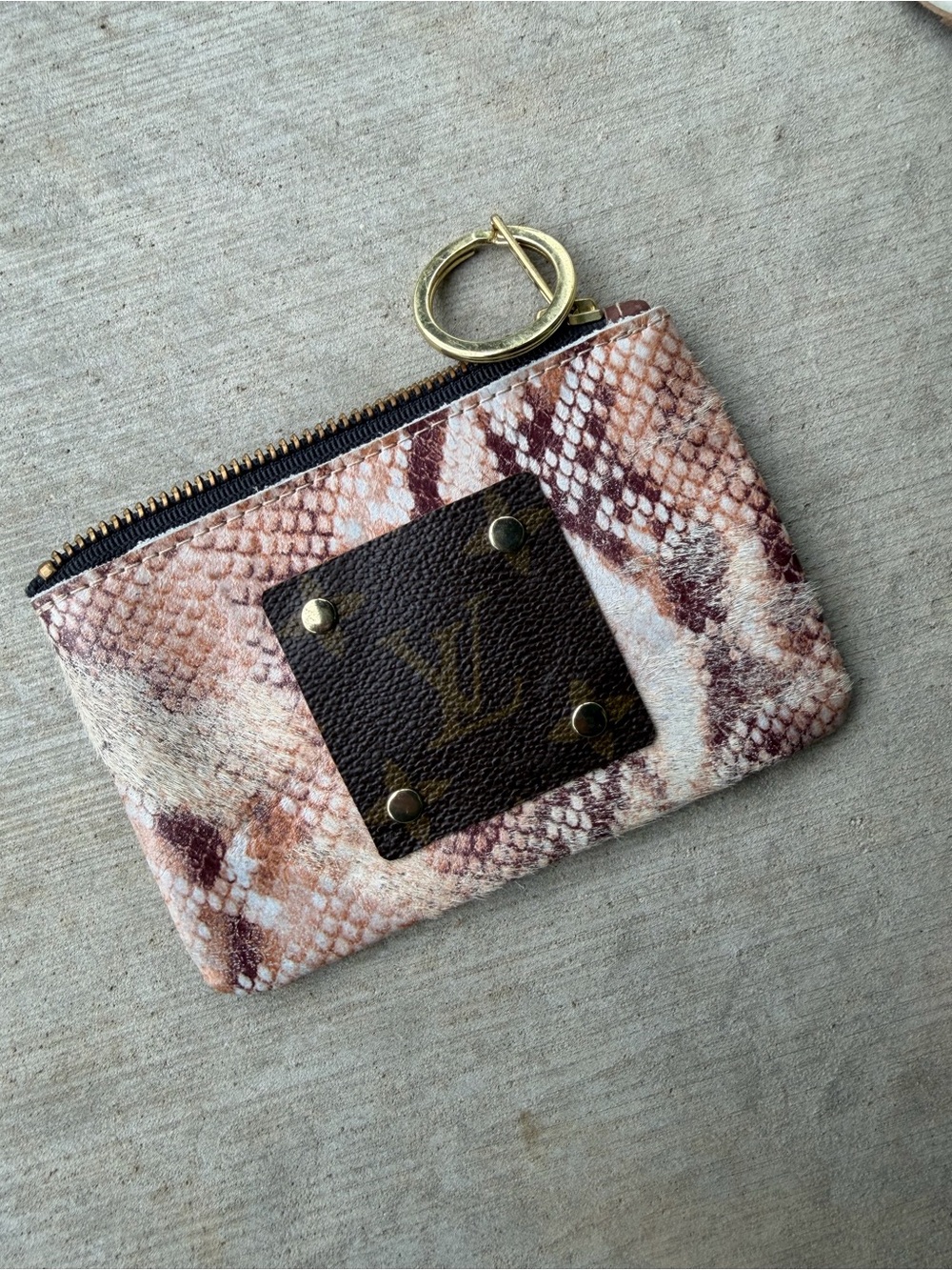 Repatched Louis Vuitton Pink Brown Snake-Print Zip Pouch with Gold Key Ring